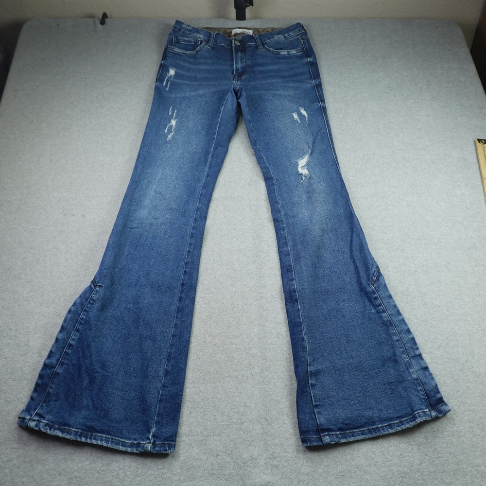 Vervet Jeans Womens 29 Blue Distressed Flare Denim Leopard Trim Gusset - Picture 2 of 13
